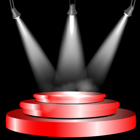 Round red podium illuminated by spotlights. Vector Illustration.のイラスト素材