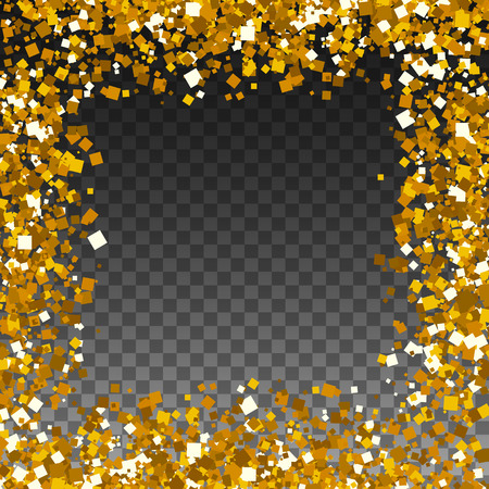 Glitter gold particles frame effect for luxury card. Falling golden confetti . Sequins pattern on a transparent  background.のイラスト素材