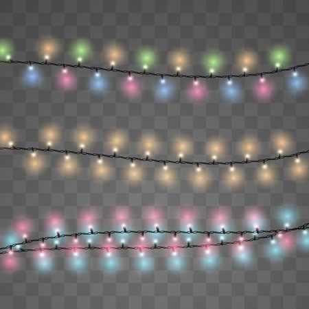 Set of realistic colorful Christmas lights garlands on transparent background.のイラスト素材