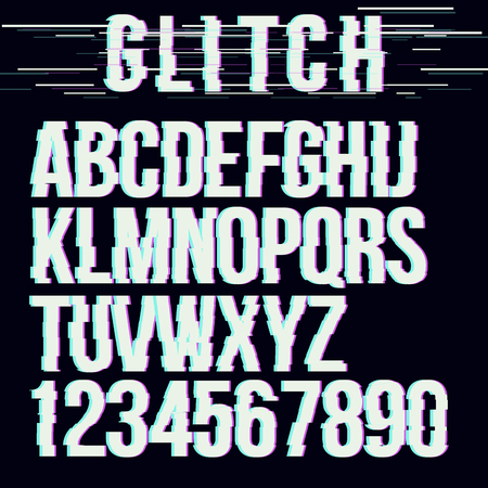 Trendy style distorted glitch typeface alphabet. Letters and numbers:  A to Z and numbers from 0 to 9. Green and red channels. Vector illustration.のイラスト素材