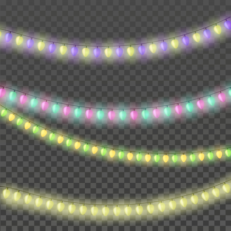 Colorful christmas lights isolated realistic decorations design elements. Garlands for Xmas Holiday greeting card design.のイラスト素材