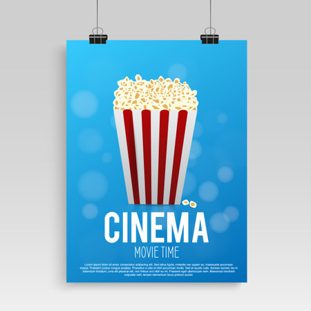 Realistic blue cinema poster in the frame with an image hanging on a textured gray wall, a template for the layout and popcorn.のイラスト素材