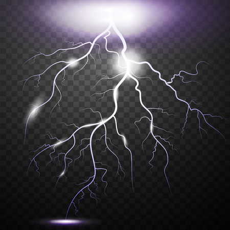 Realistic lightning on checkered background. Bright, electric and magic effects on a transparent background. Vector Illustrationのイラスト素材