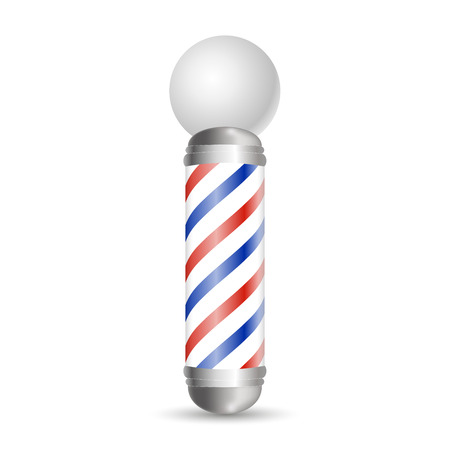 Realistic Barber pole. Glass barber shop poles with red, blue and white stripes. Isolated on white background, for your design and branding. Vector Illustrationのイラスト素材