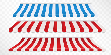 Set of red and white, blue and white strip colorful awnings for shop. Tent sunshade for market isolated on white background. Vector illustrationのイラスト素材