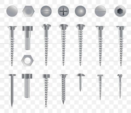 Set of 3d realistic metal screws, stainless steel bolts, nuts, rivets and nails isolated onn a transparent background. Vector Illustration.のイラスト素材