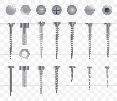 Set of 3d realistic metal screws, stainless steel bolts, nuts, rivets and nails isolated onn a transparent background. Vector Illustration.