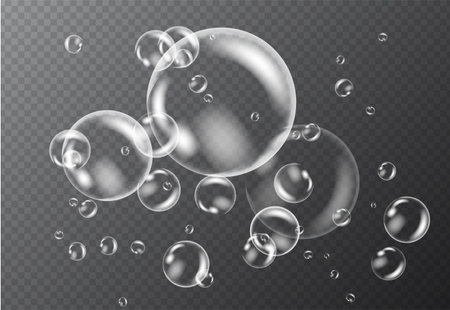 Realistic white water bubbles with reflection on transparent background. Vector illustrationのイラスト素材