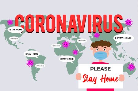 Stay home on Warning COVID 19 banner. Coronavirus campaign logo. Virus prevention concept. Stay Safe on Quarantine.のイラスト素材
