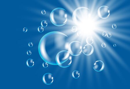 Realistic white water bubbles with reflection on transparent background. Vector illustrationのイラスト素材