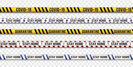Strips of quarantine, coronavirus tape border. Set of warning coronavirus stripes. Isolated on transparent background.のイラスト素材