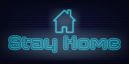 Stay Home neon sign quarantine coronavirus epidemic. Bright night neon sign against the background of a brick wall with illumination. Protection campaign or measure from coronavirus, COVID-19.のイラスト素材