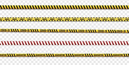 Strips of quarantine, coronavirus tape border. Set of warning coronavirus stripes. Isolated on transparent background.のイラスト素材