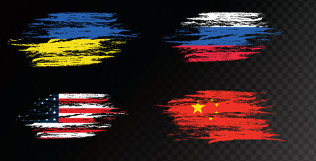 Flags of countries: Ukraine, Russia, Usa, Cnine, paint water colour hand drawn stroke and texture. Grunge vector isolated on transparent backgroundのイラスト素材
