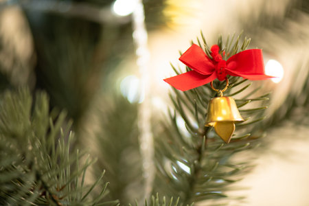 Christmas background with Christmas toys on the Xmas tree and giftの写真素材