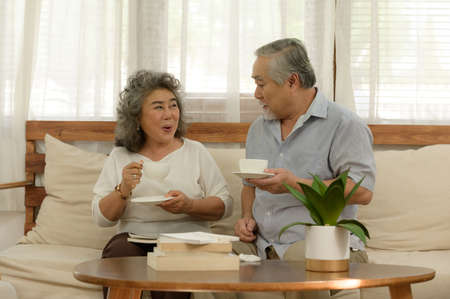 Senior couples who live happily together pay attention to each other without having children and grandchildren to look after.の写真素材
