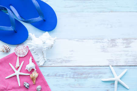Summer must go to relax on the beach. Prepare water play equipment   and hats, sunglasses, slippersの写真素材