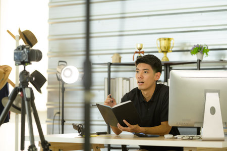 Professional digital video cameras filming male vlog for online sales and filming new products...