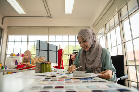 Both Muslim women run a small business in their own homes. Is the design and tailoring of clothes.の写真素材