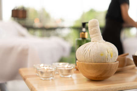 Spa, the place for relaxation and wellness. With flowers and massage equipmentの写真素材