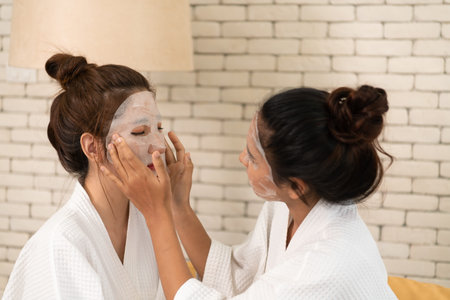 Two Asian female friends chat while waiting in the spa reception area, and look at each other's...