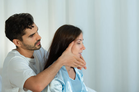 Husband giving a pregnant wife a massage So that the wife can relax and have a good mood, which will...