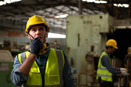 Chief mechanical engineer working in a mechanical factory make radio communication control with...