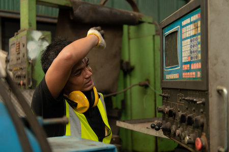 Asian mechanic working in a mechanical factory Repairing old machines to bring them back to normal...