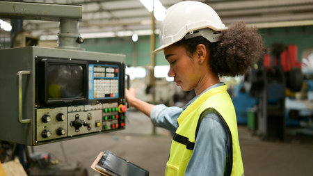 Female chief mechanical engineer work in a mechanical factory to follow up on repairing old machines...