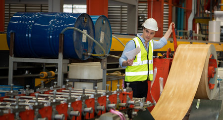Two young engineers Testing and verifying the operation of the machines forming metal sheet tiles in...