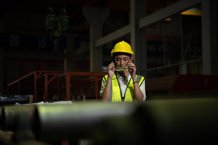 The female manager works in the audit field. She working to check the quality of work in heavy...