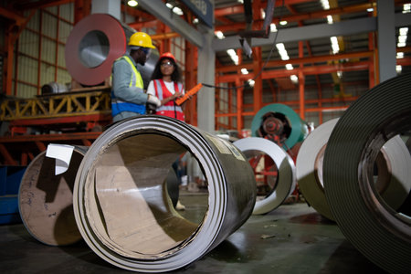 Two technicians Inspecting and testing the operation of lifting cranes in heavy industrial plants.