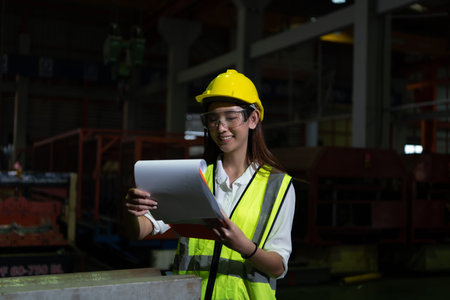 The female manager works in the audit field. She working to check the quality of work in heavy industrial plants at nightの写真素材