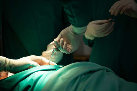 Professor of medicine in cardiology and a team of doctors in the operating room undergoing heart transplant surgeryの写真素材