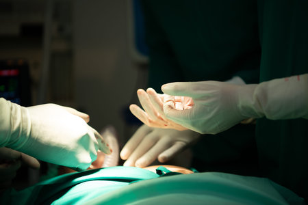 Professor of medicine in cardiology and a team of doctors in the operating room undergoing heart...