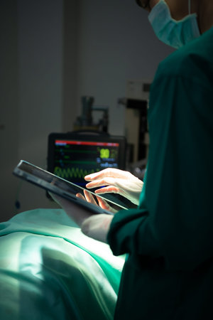 The doctor is discussing the case with a tablet. Before going to surgery on the real patient