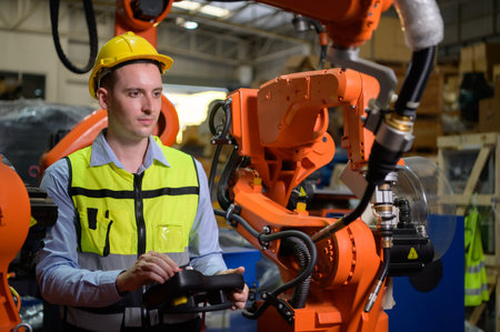 A male worker is controlling a welding robot. by using forcing welding with a control screen which...
