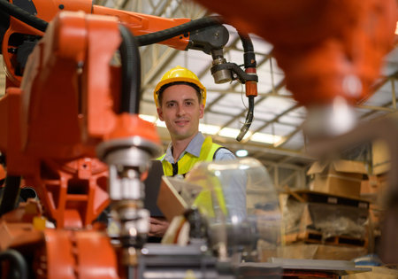 A male engineer checking the operation of a welding robot. used for precision welding control Fast...