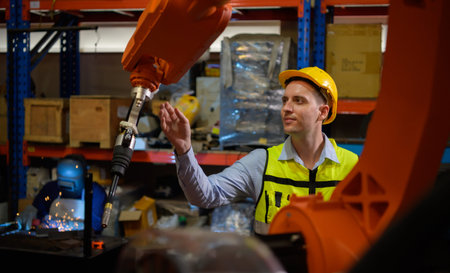 A male engineer checking the operation of a welding robot. used for precision welding control Fast...