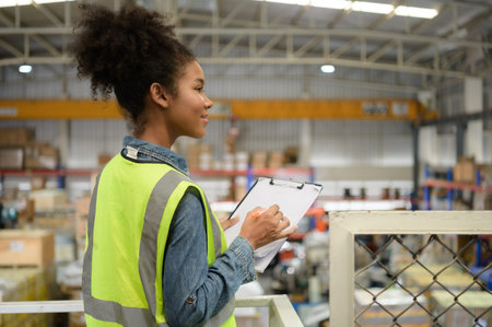 Female warehouse worker Counting items in an industrial warehouse on the factory's mezzanine floor. which is a storage for small and light electronic parts.の写真素材