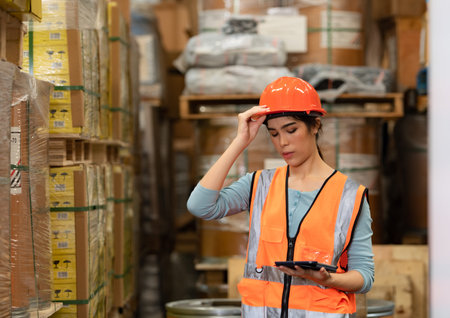Portrait of an Asian female engineer with the personality of working in the warehouseの写真素材