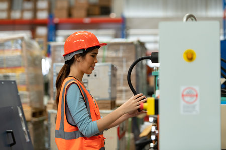 Portrait of an Asian woman with large machinery used in heavy industrial plants.