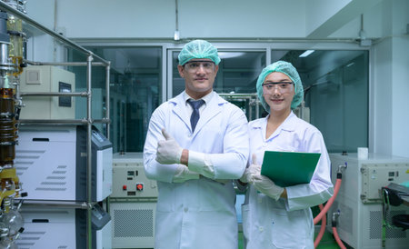 Portrait of scientists are in the chamber extracting oil and cannabis seeds.