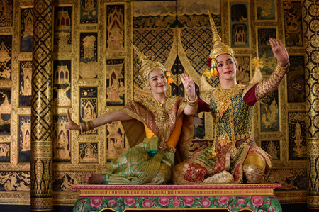 Khon, Is a classical Thai dance in mask. Except for these two characters who weren't wearing masks. because these are the main actor and actress of the storyの写真素材