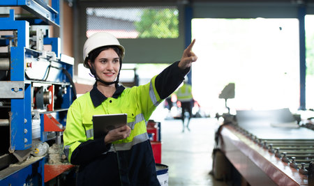 Portrait of a heavy equipment female engineer from a huge industry who came to inspect the factory's machinery.の写真素材