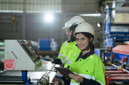 Young female engineer learning to run machinery at a factory with veteran engineers on hand to offer...