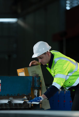 Young engineers engineers testing and confirming that the machinery at the factory that creates...