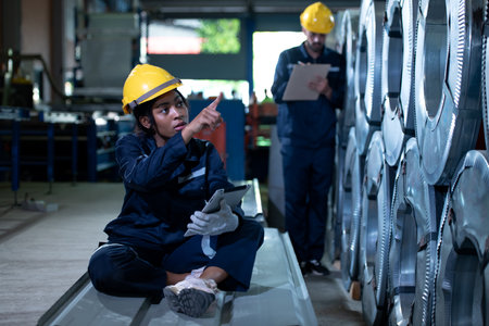 Young female engineer learning to run machinery at a factory with veteran engineers on hand to offer guidance and assistance.の写真素材