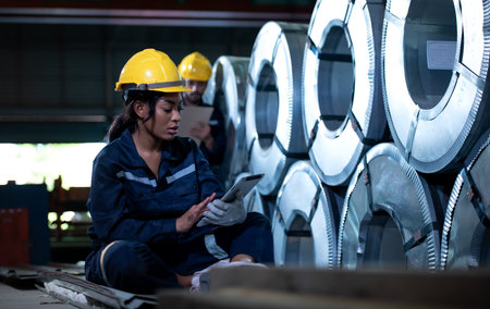 Young female engineer learning to run machinery at a factory with veteran engineers on hand to offer...