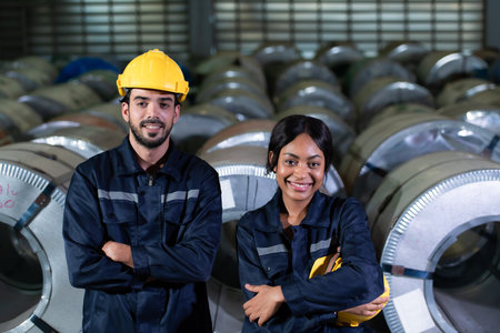 Portrait of a heavy equipment group of engineer from a huge industry who came to inspect the metal sheet factory's machinery.の写真素材